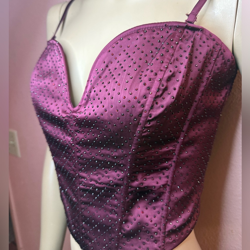 Windsor Beaded Satin Corset Top – Plum Burgundy Rhinestone Bustier (NWT)